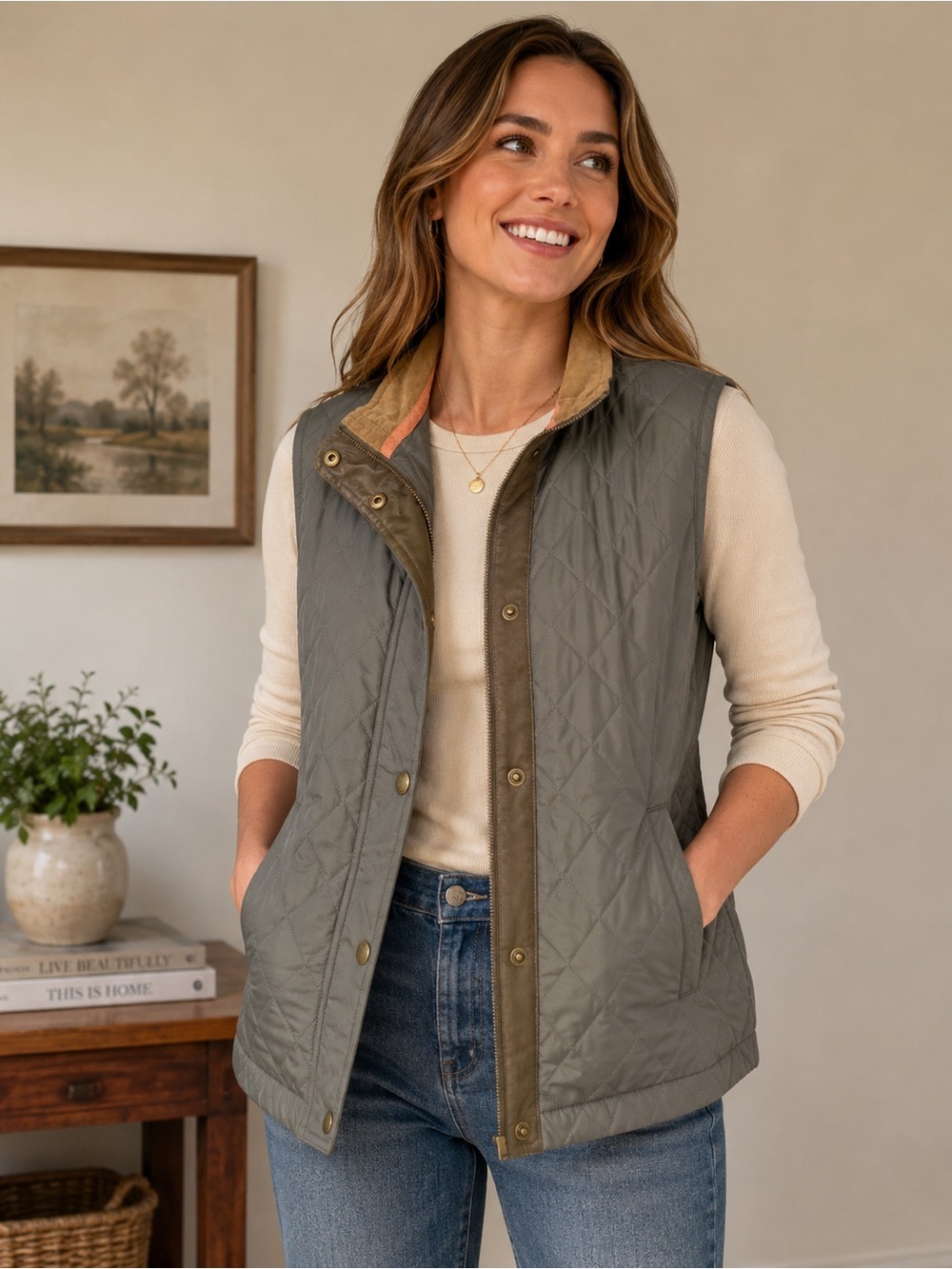 Tom Beckbe Loxley Quilted Vest- Olive Body with Tan Collar